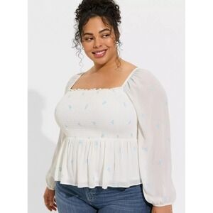 Torrid Women's Embroidered Smocked Crop Blouse Ditsy Floral White Blue 4X NICE!